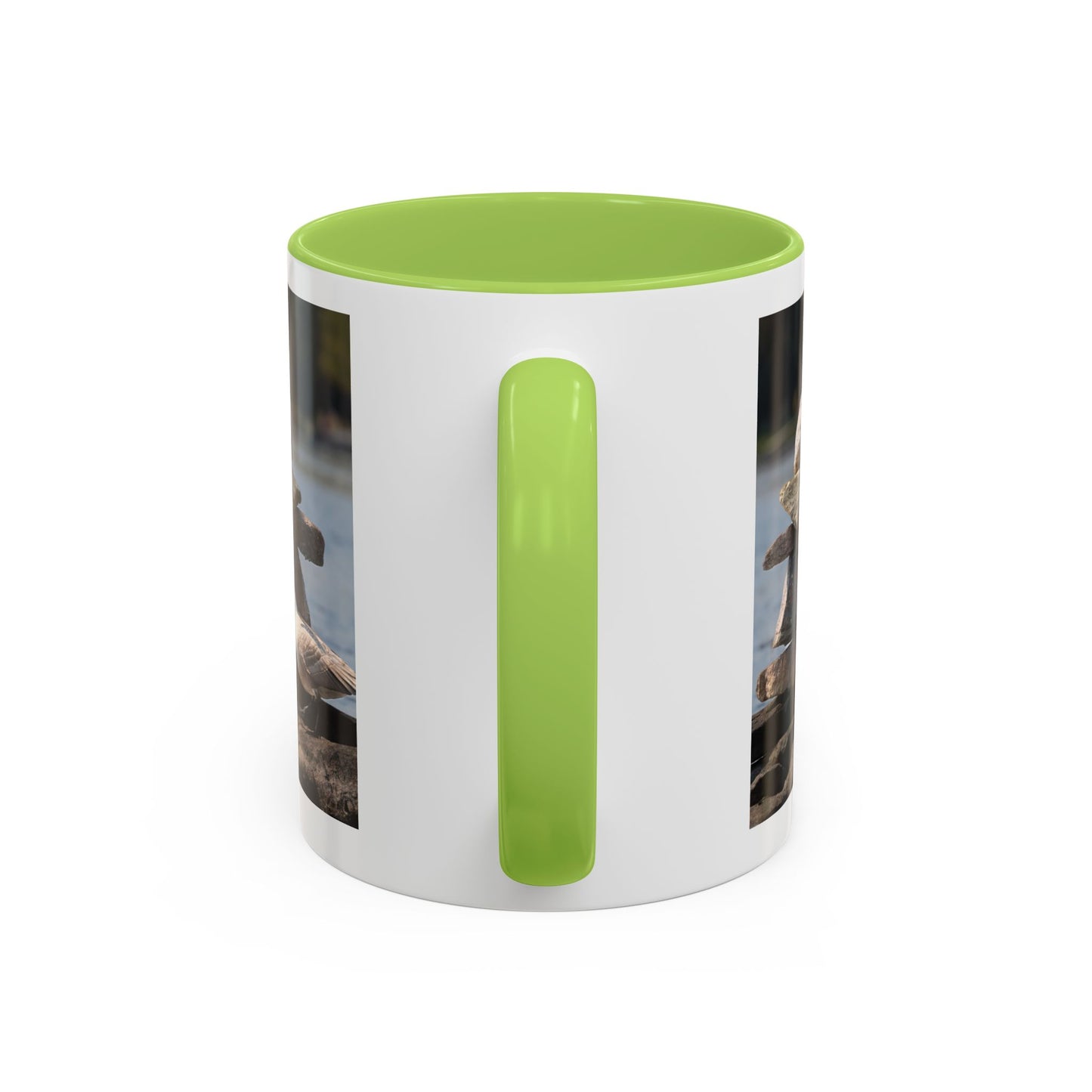 Seaside Rock Cairn Accent Coffee Mug — Coastal Bird & Stacked Stones Photo (11/15oz)