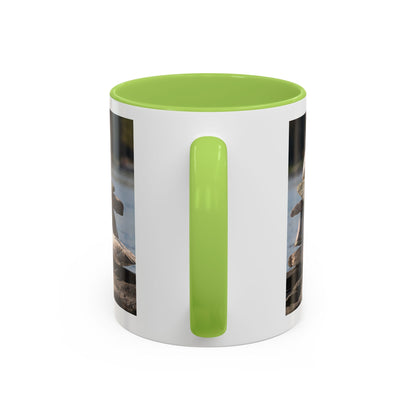 Seaside Rock Cairn Accent Coffee Mug — Coastal Bird & Stacked Stones Photo (11/15oz)