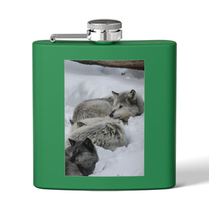 Wolf Pack Stainless Steel Flask – 6oz Snow Wolves Hip Flask