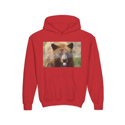Youth Bear Hoodie — Cute Tongue-Out Bear Photo Kids Pullover