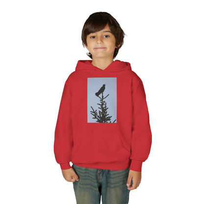 Youth Hoodie with Raven Silhouette on Pine — Cozy Nature Kids Sweatshirt