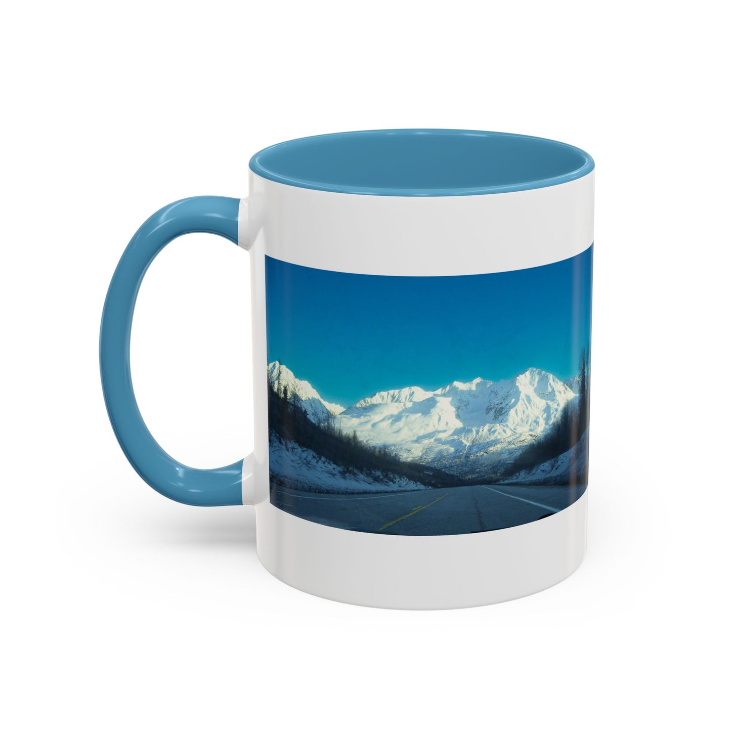 Scenic Mountain Panorama Accent Coffee Mug — Snowy Peaks Travel Coffee Cup (11/15 oz)