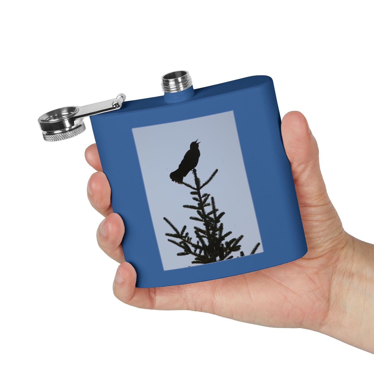 6oz Stainless Steel Flask — Silhouette Bird on Spruce Design