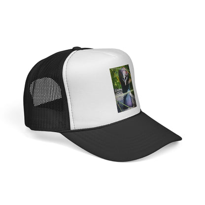 Peacock Portrait Trucker Cap — Colorful Bird Photo Mesh Hat