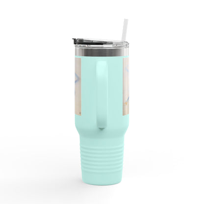 40oz Insulated Travel Mug – Minimal Beach Sand & Blue Wave Design