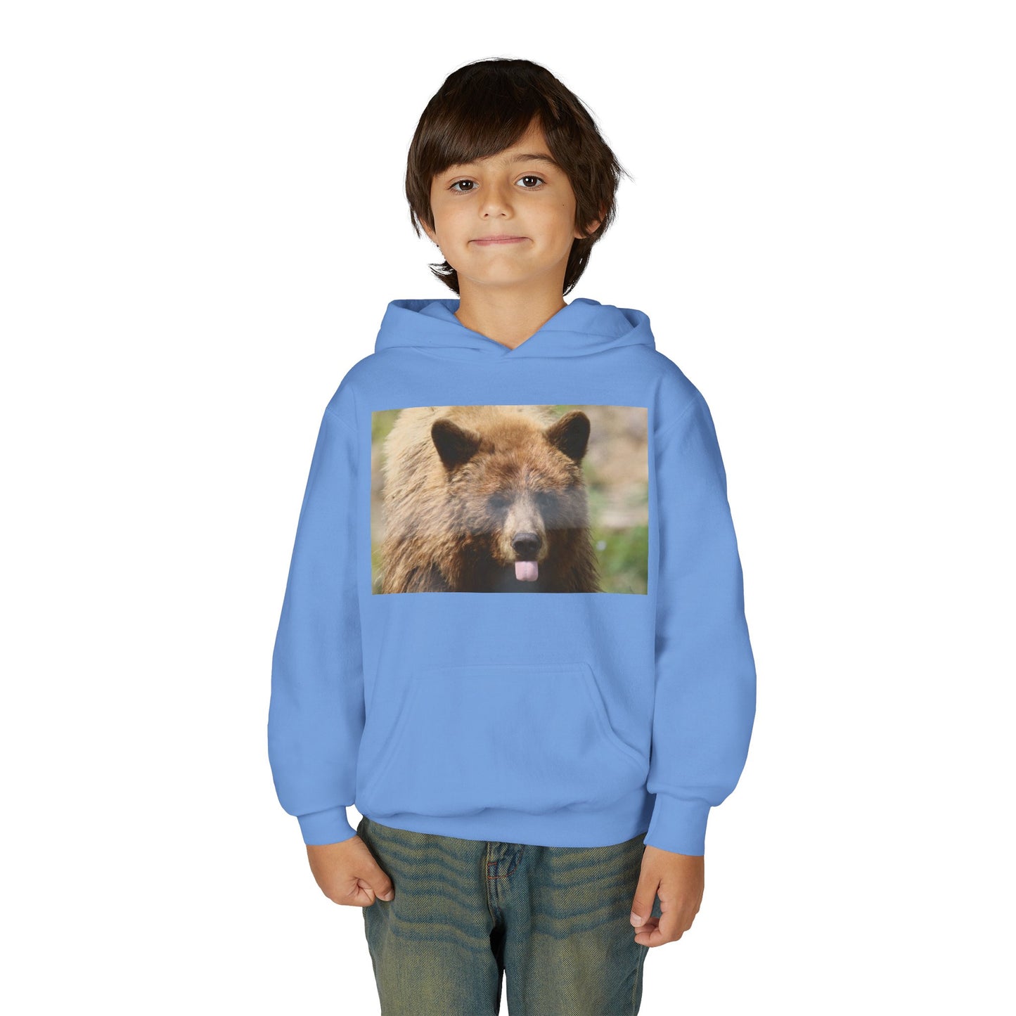 Youth Bear Hoodie — Cute Tongue-Out Bear Photo Kids Pullover