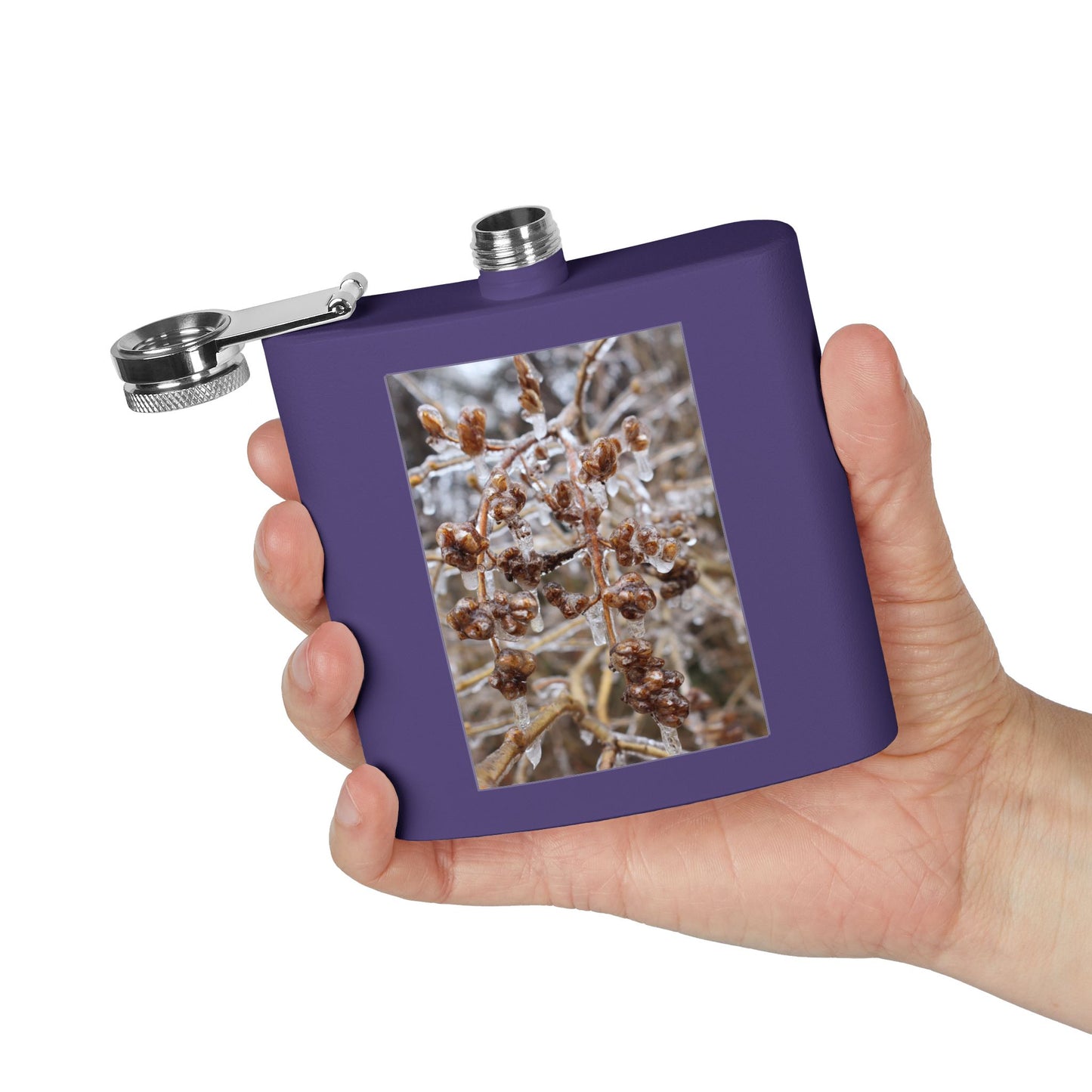 6oz Stainless Steel Flask with Frosted Berries Photo — Winter Nature Pocket Flask