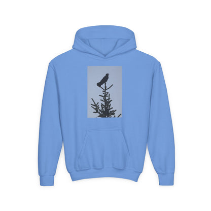 Youth Hoodie with Raven Silhouette on Pine — Cozy Nature Kids Sweatshirt