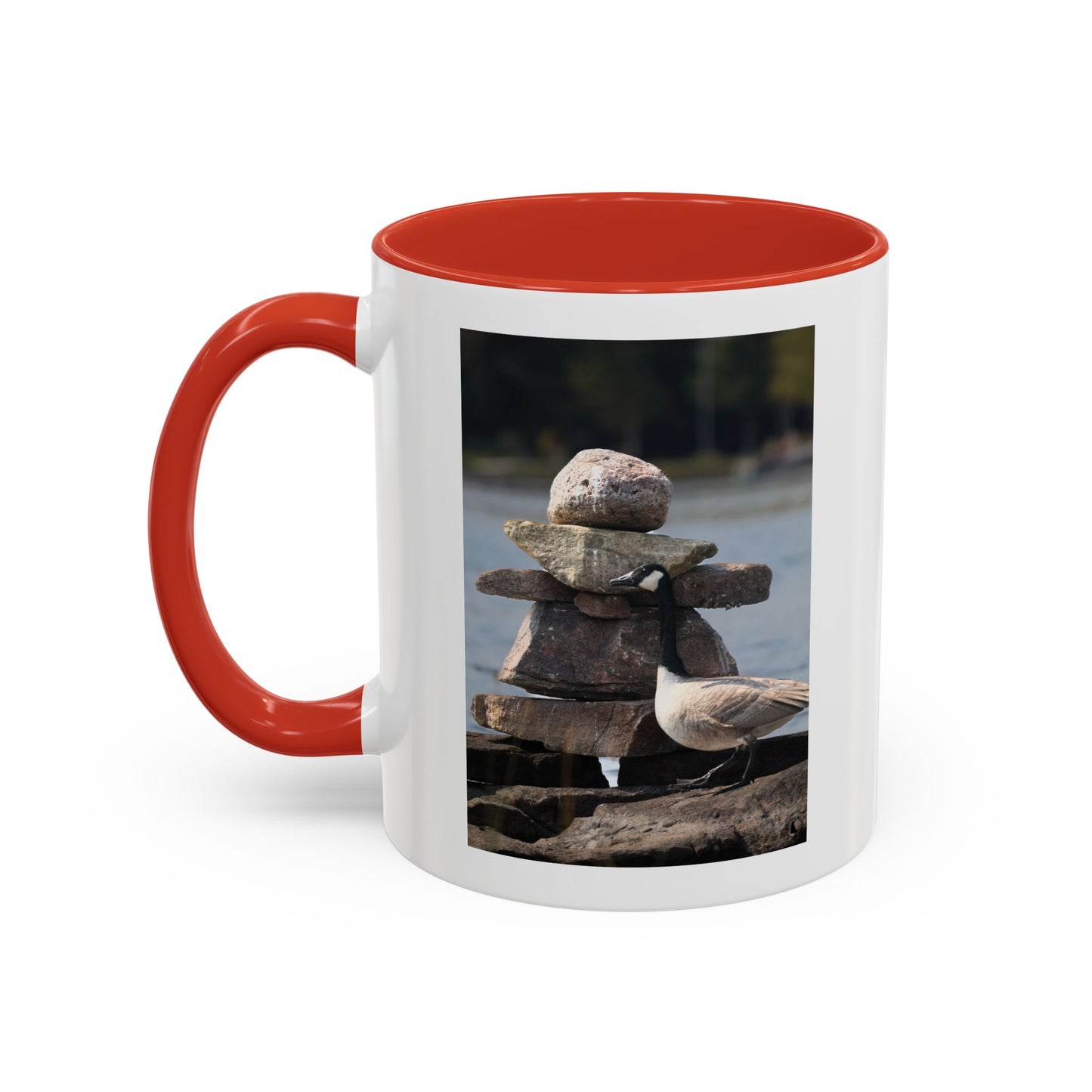 Seaside Rock Cairn Accent Coffee Mug — Coastal Bird & Stacked Stones Photo (11/15oz)