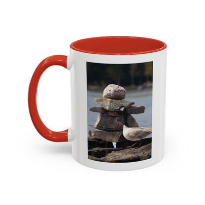 Seaside Rock Cairn Accent Coffee Mug — Coastal Bird & Stacked Stones Photo (11/15oz)