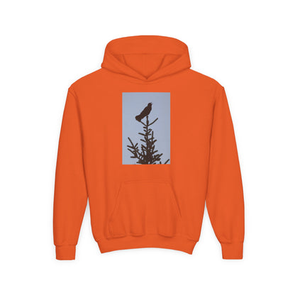 Youth Hoodie with Raven Silhouette on Pine — Cozy Nature Kids Sweatshirt