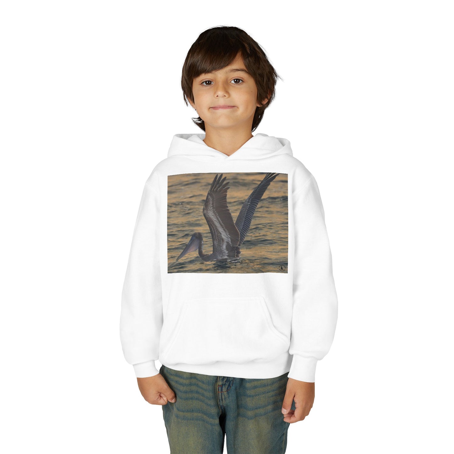 Youth Pelican Sunset Hoodie — Kids Beach Wildlife Pullover