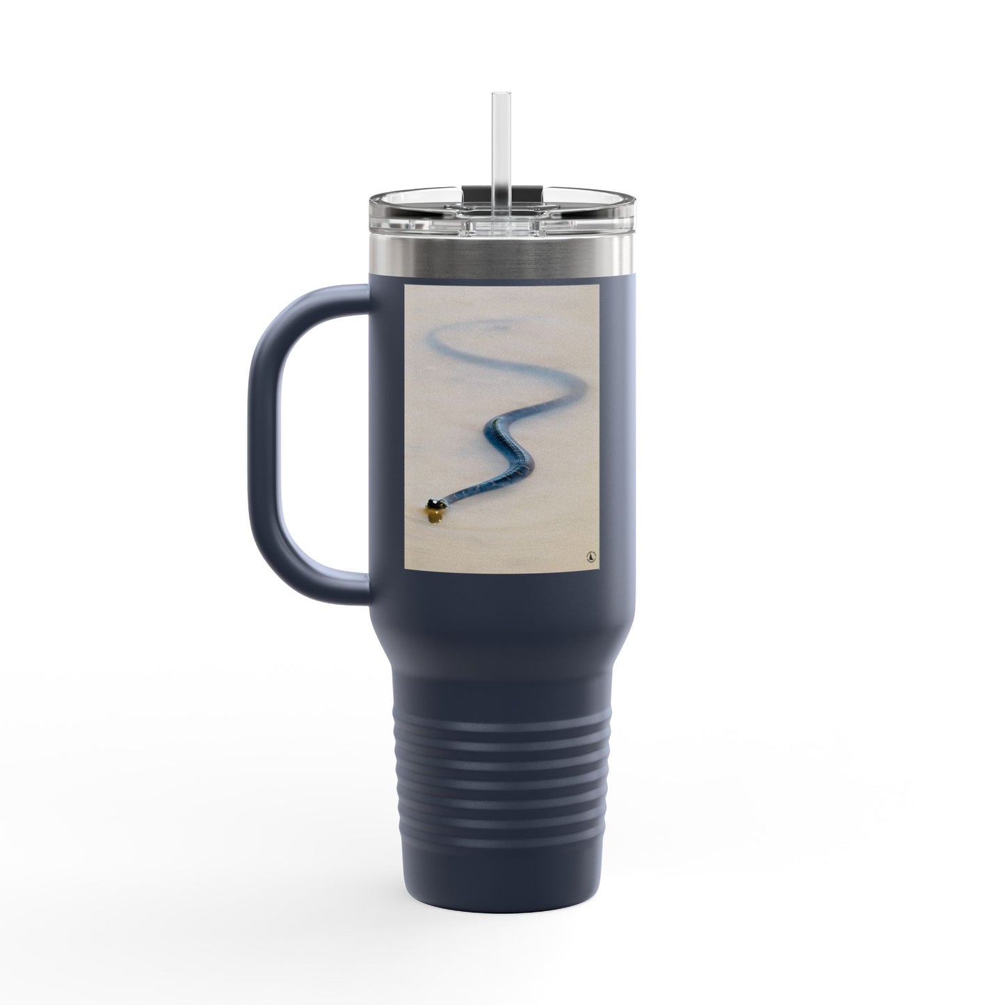 40oz Insulated Travel Mug – Minimal Beach Sand & Blue Wave Design