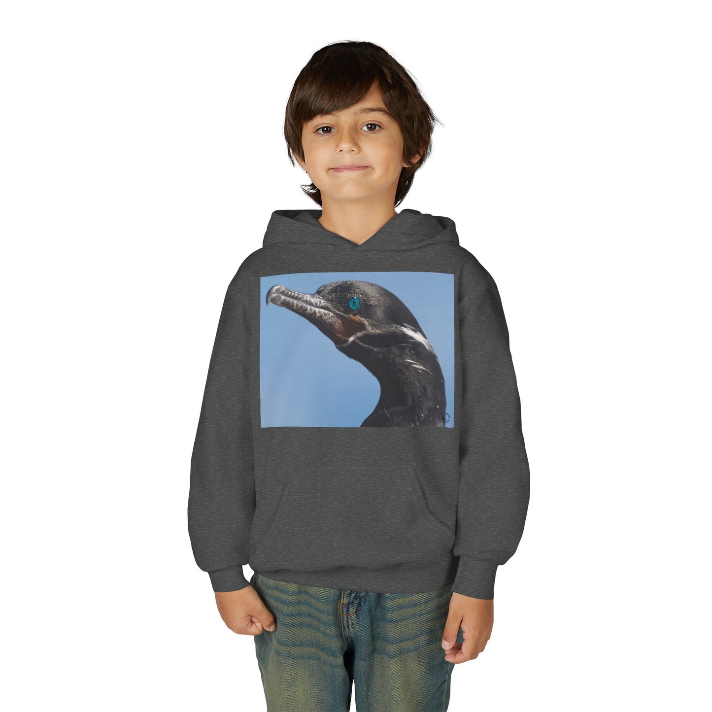 Youth Hoodie with Close-Up Cormorant Photo — Nature-Lover Kids Pullover