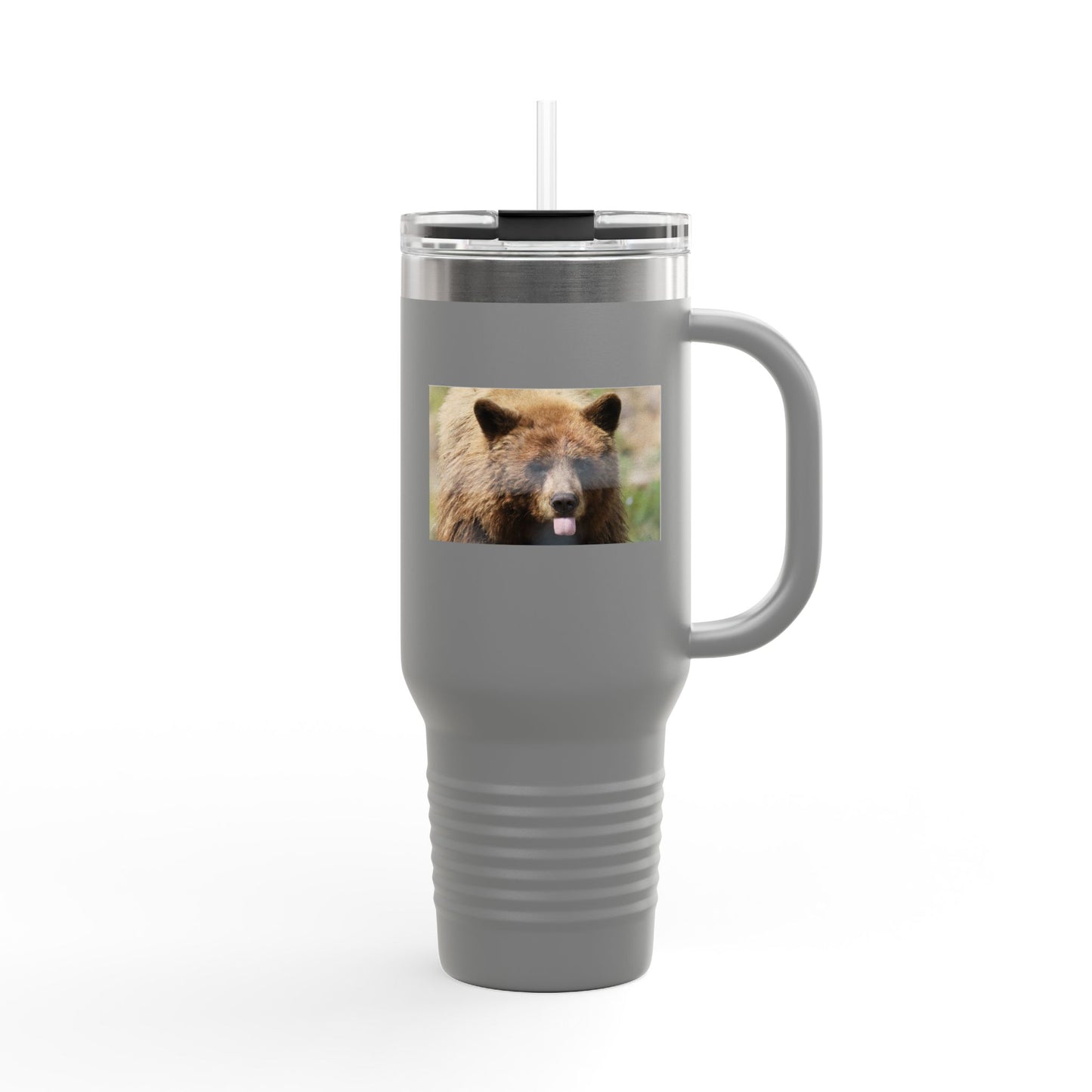 40oz Insulated Travel Mug — Photoreal Bear Photo, Stainless Steel Tumbler with Straw & Handle
