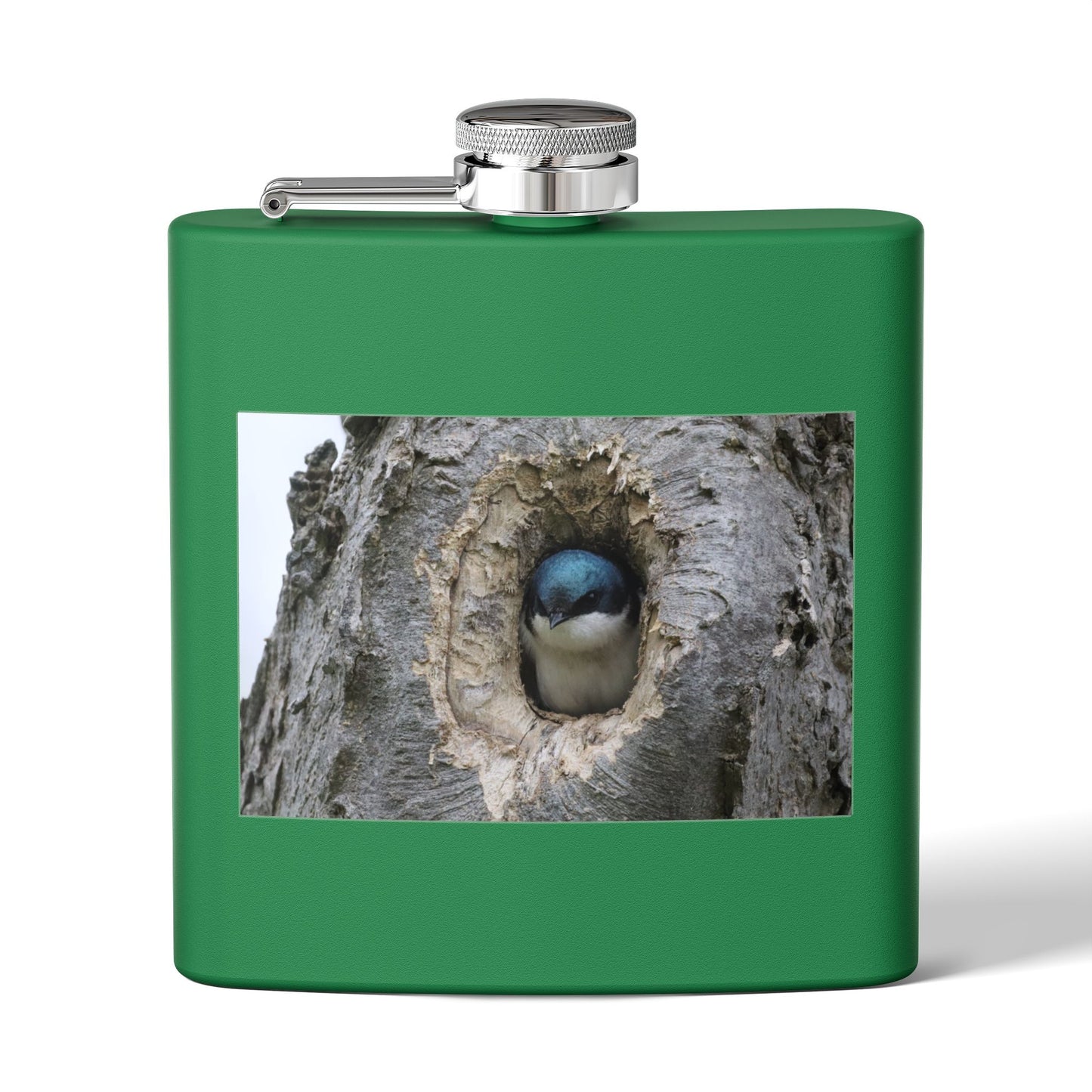 6oz Stainless Steel Flask with Tree Swallow Nest Photo — Nature Lover Gift