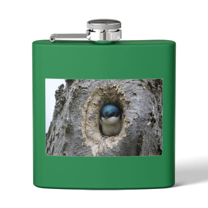 6oz Stainless Steel Flask with Tree Swallow Nest Photo — Nature Lover Gift