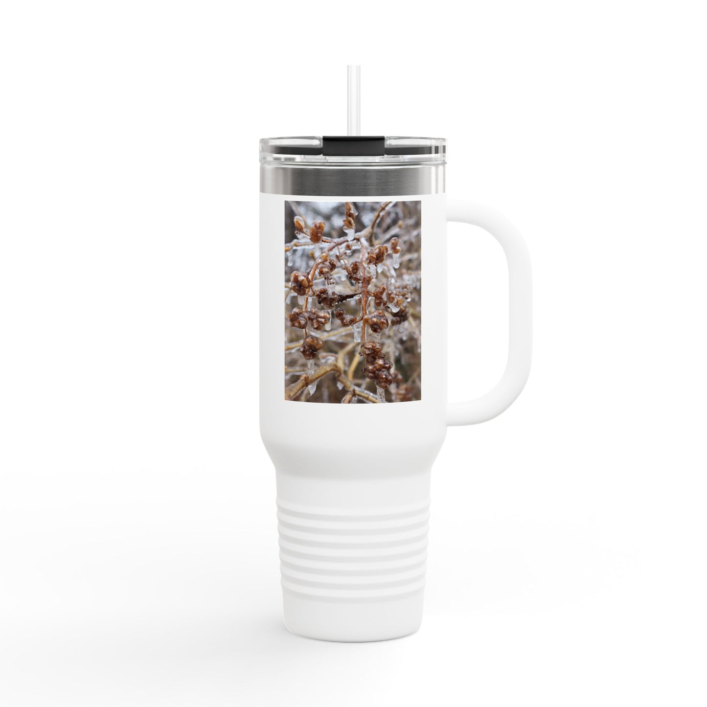 40oz Insulated Travel Mug with Frosted Branch Photo – Large Stainless Steel Tumbler
