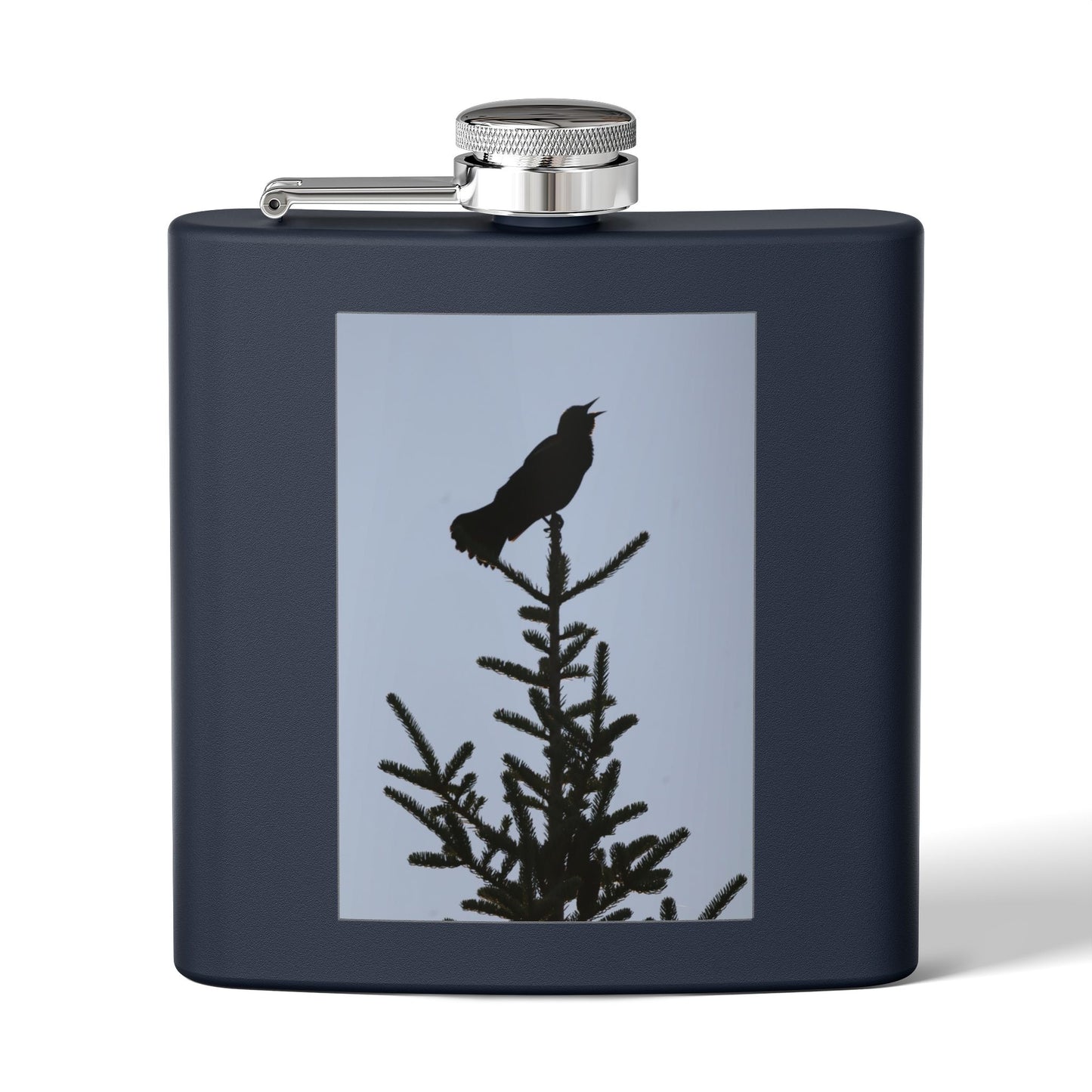 6oz Stainless Steel Flask — Silhouette Bird on Spruce Design