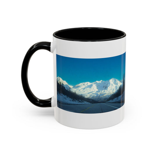 Scenic Mountain Panorama Accent Coffee Mug — Snowy Peaks Travel Coffee Cup (11/15 oz)