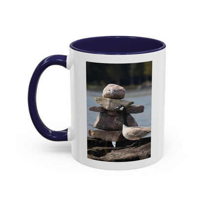 Seaside Rock Cairn Accent Coffee Mug — Coastal Bird & Stacked Stones Photo (11/15oz)