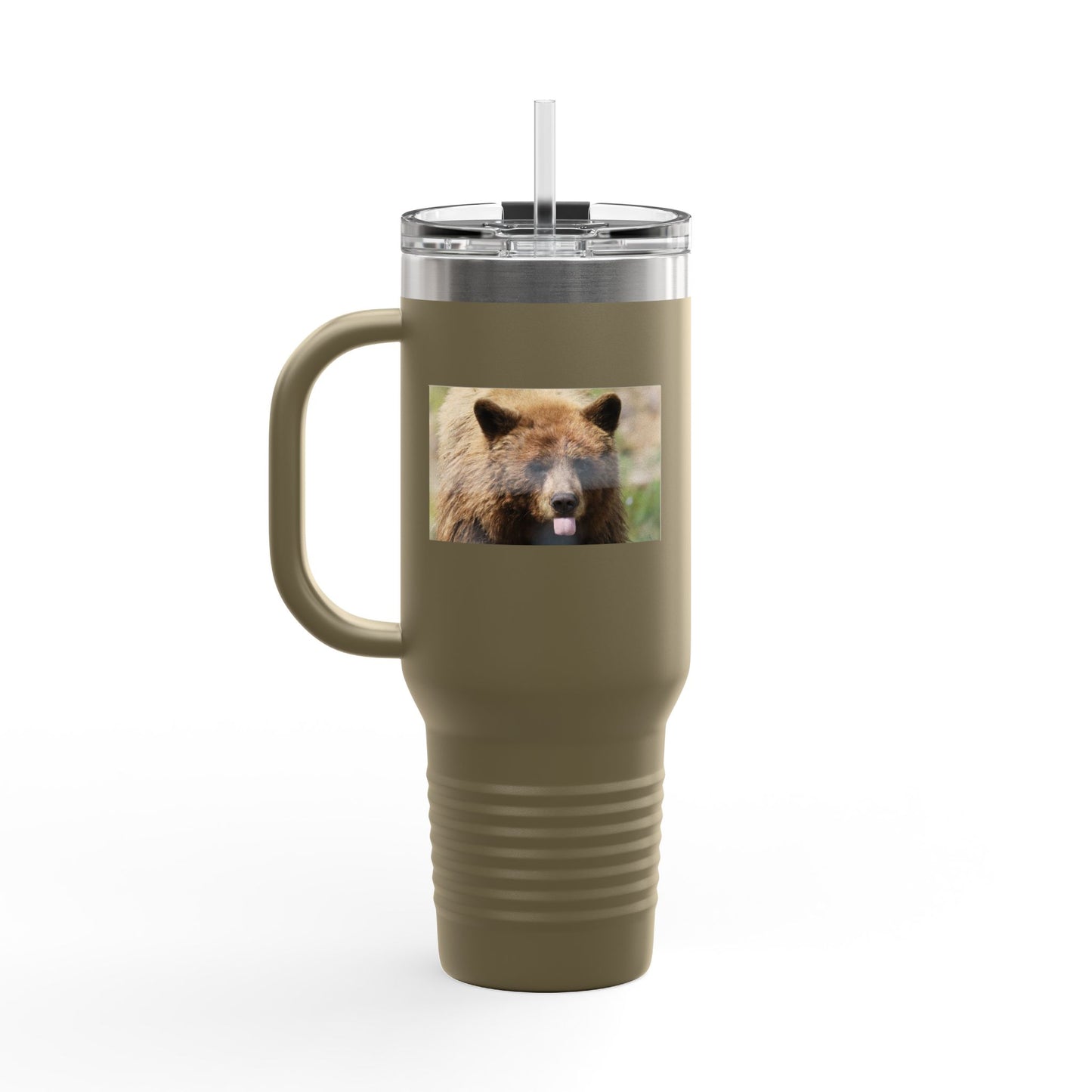 40oz Insulated Travel Mug — Photoreal Bear Photo, Stainless Steel Tumbler with Straw & Handle