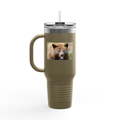 40oz Insulated Travel Mug — Photoreal Bear Photo, Stainless Steel Tumbler with Straw & Handle