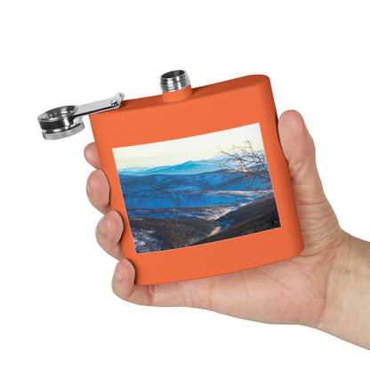 Mountain Vista 6oz Stainless Steel Flask — Scenic Blue Ridge Landscape