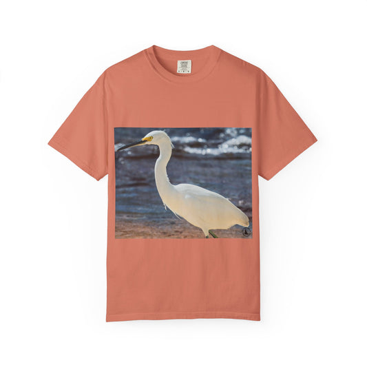 Elegance of the Wetlands: White Egret in Soft Focus, Coastal Wildlife Portraitphotography shirts