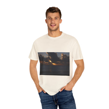 Dawn's Luminous Horizon: Seascape Sunrise, Coastal Cloudscape Panoramaphotography shirts