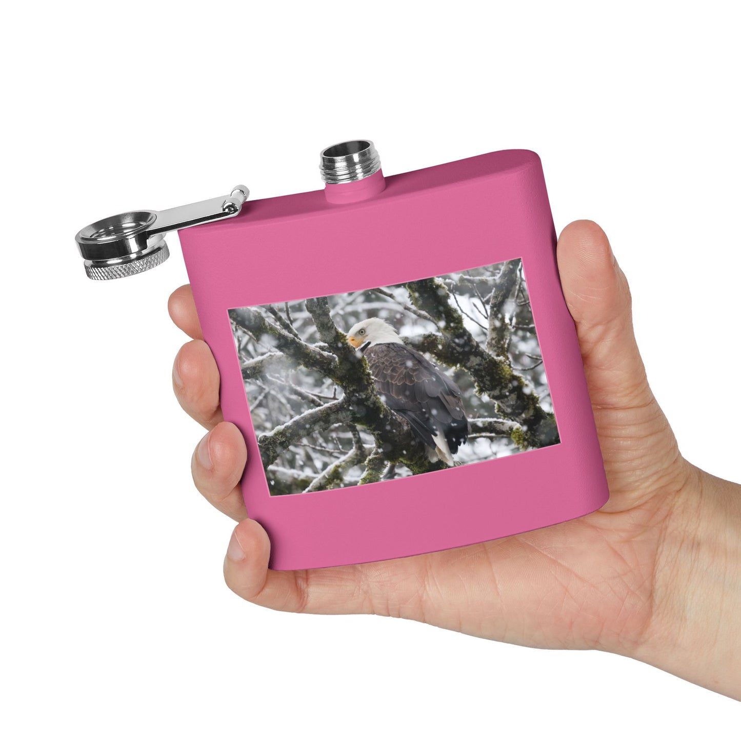 Eagle In Snow 6oz Stainless Steel Hip Flask — Bald Eagle Wildlife Photo Flask, Outdoor Gift for Hunters & Nature Lovers