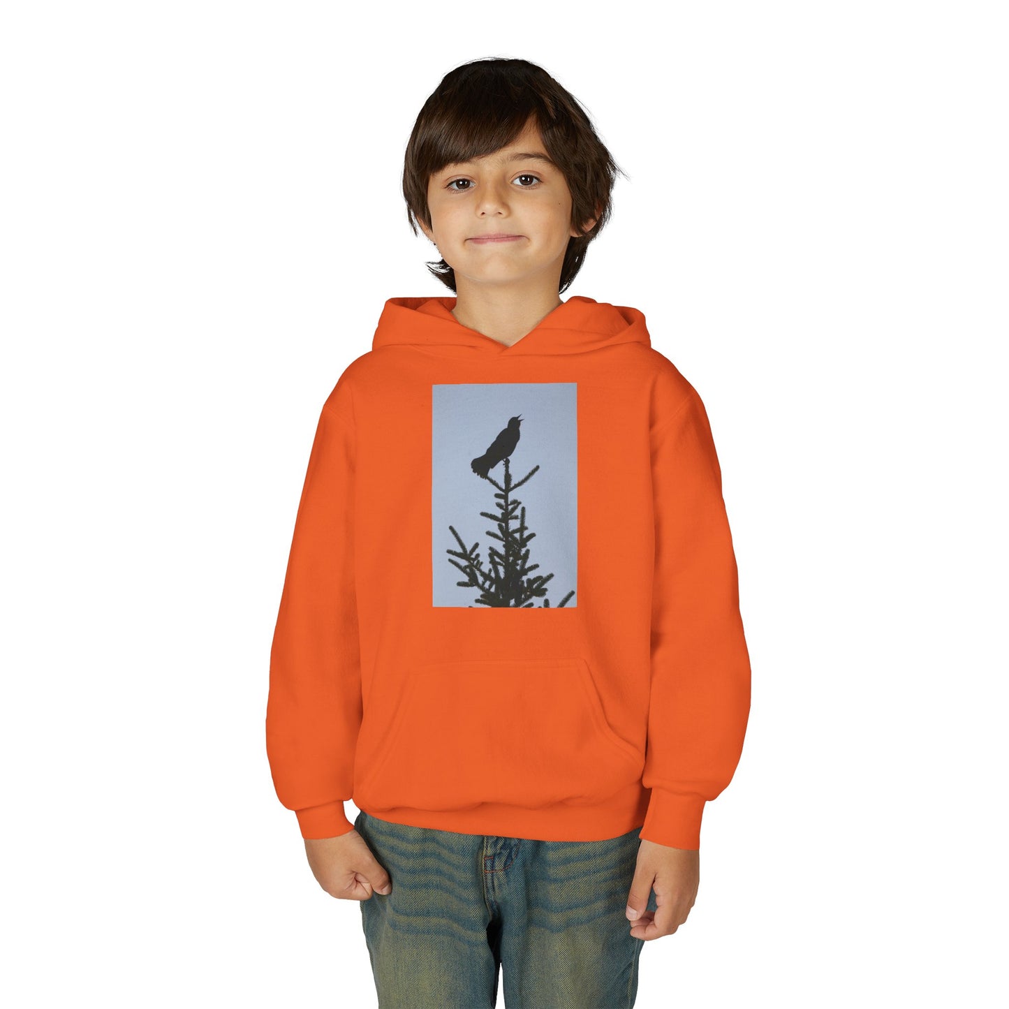 Youth Hoodie with Raven Silhouette on Pine — Cozy Nature Kids Sweatshirt