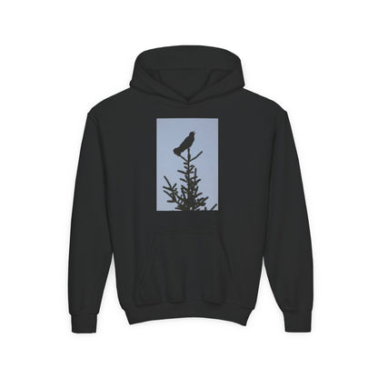 Youth Hoodie with Raven Silhouette on Pine — Cozy Nature Kids Sweatshirt