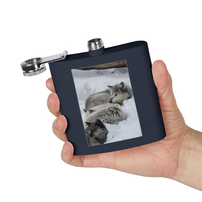 Wolf Pack Stainless Steel Flask – 6oz Snow Wolves Hip Flask
