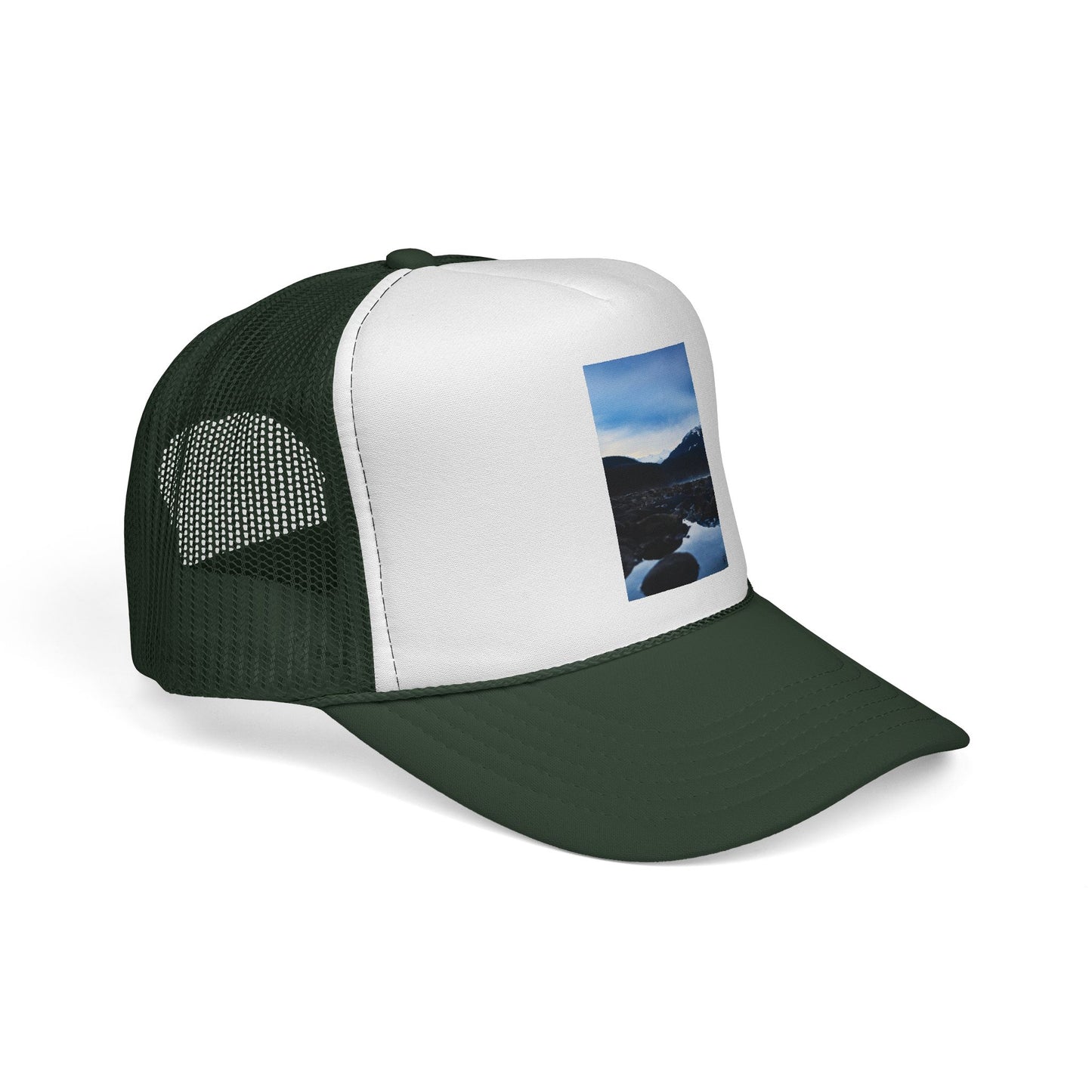Mountain Lake Trucker Hat — Scenic Nature Photo Cap