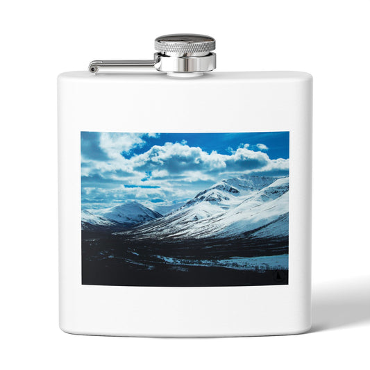 Mountain Winter Scene 6oz Stainless Steel Flask — Snowy Peaks Travel Hip Flask