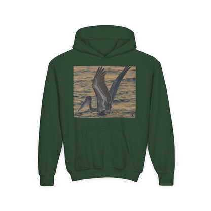 Youth Pelican Sunset Hoodie — Kids Beach Wildlife Pullover