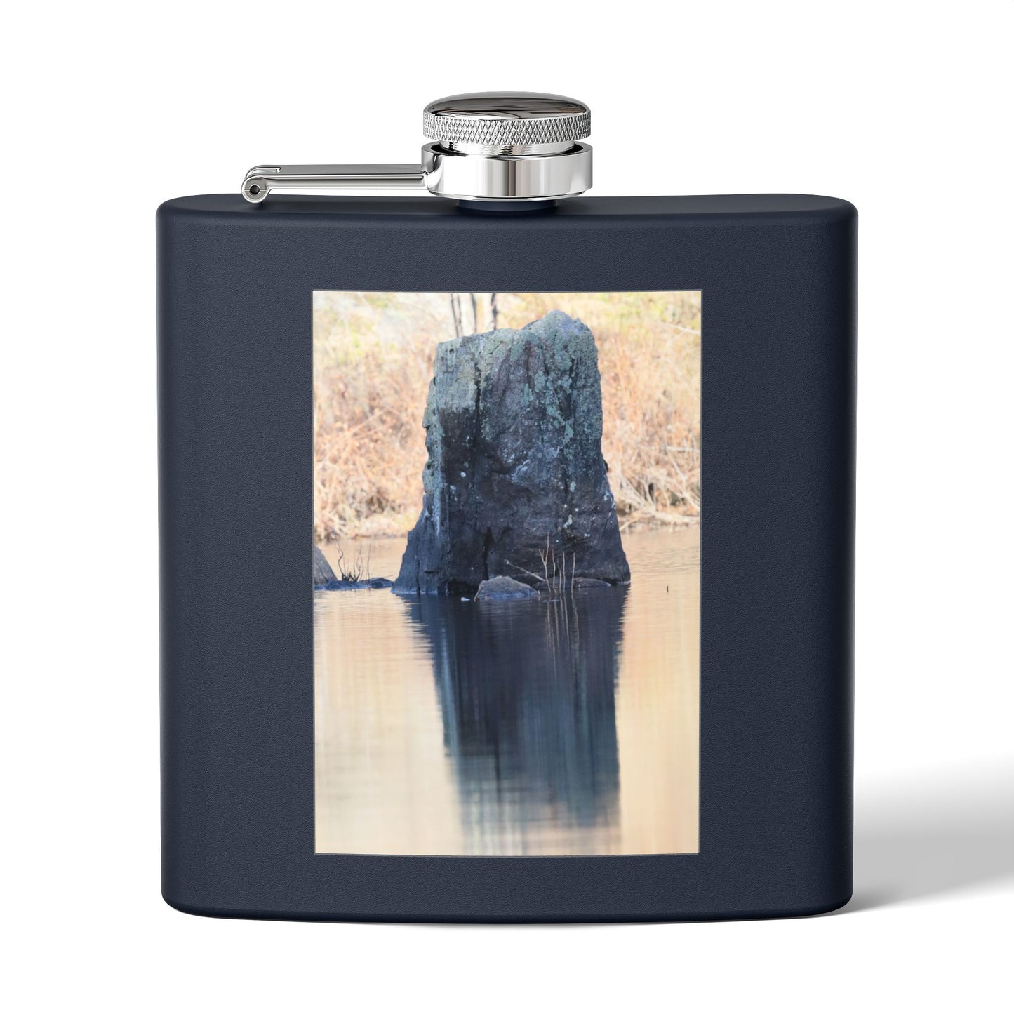6oz Stainless Steel Flask with Tranquil Lake Rock Photo – Portable Outdoor Hip Flask