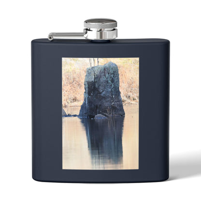 6oz Stainless Steel Flask with Tranquil Lake Rock Photo – Portable Outdoor Hip Flask