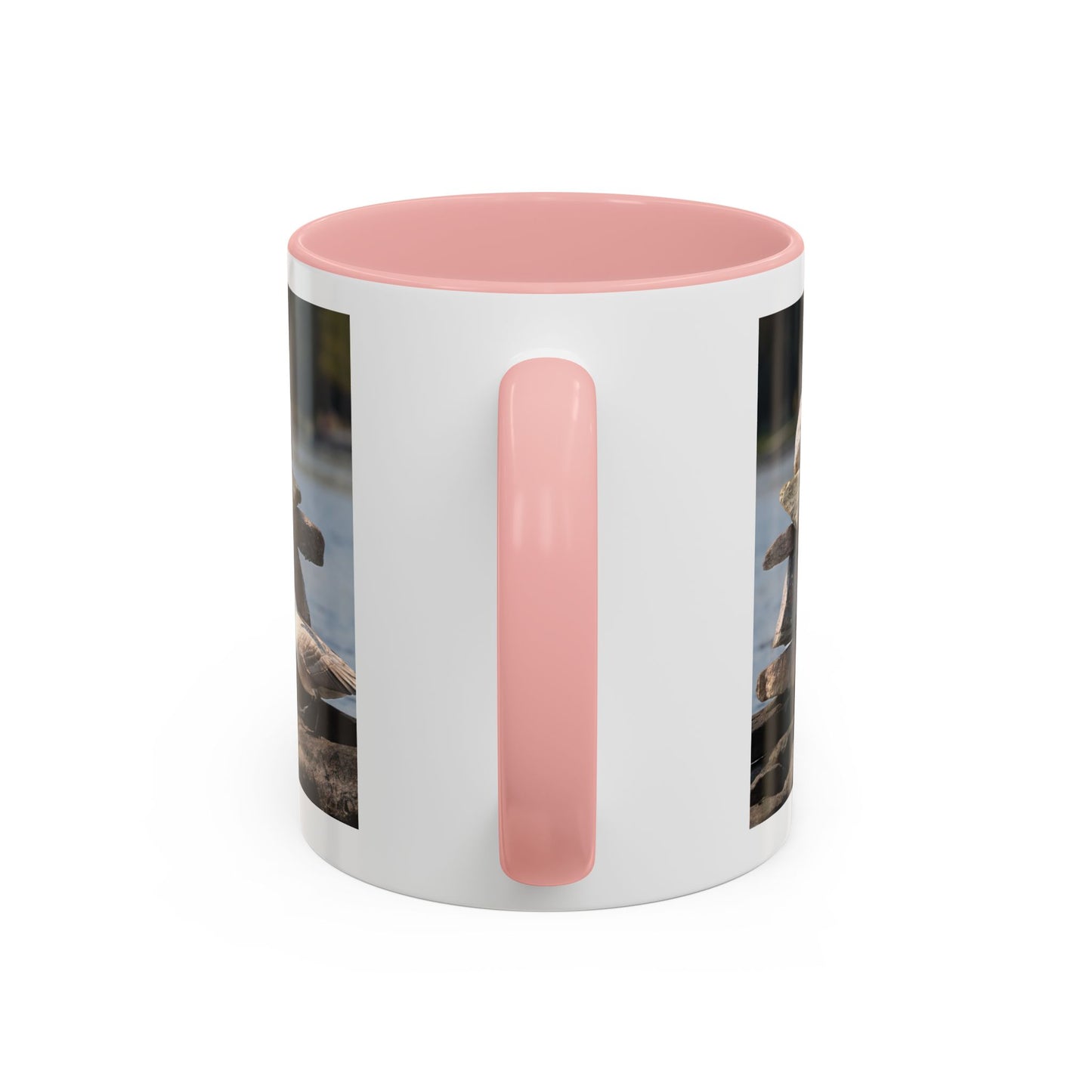 Seaside Rock Cairn Accent Coffee Mug — Coastal Bird & Stacked Stones Photo (11/15oz)