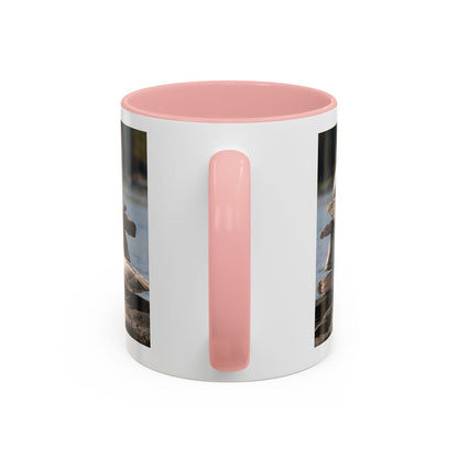 Seaside Rock Cairn Accent Coffee Mug — Coastal Bird & Stacked Stones Photo (11/15oz)