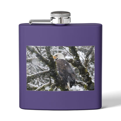 Eagle In Snow 6oz Stainless Steel Hip Flask — Bald Eagle Wildlife Photo Flask, Outdoor Gift for Hunters & Nature Lovers