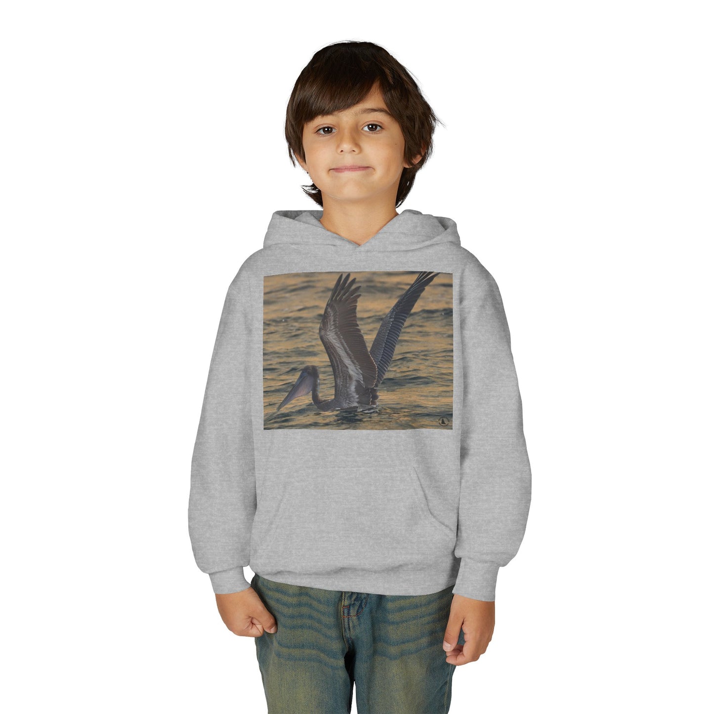 Youth Pelican Sunset Hoodie — Kids Beach Wildlife Pullover