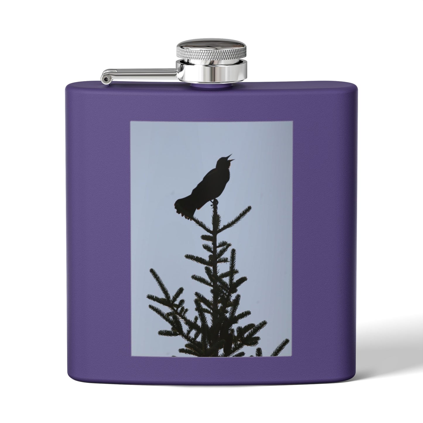 6oz Stainless Steel Flask — Silhouette Bird on Spruce Design