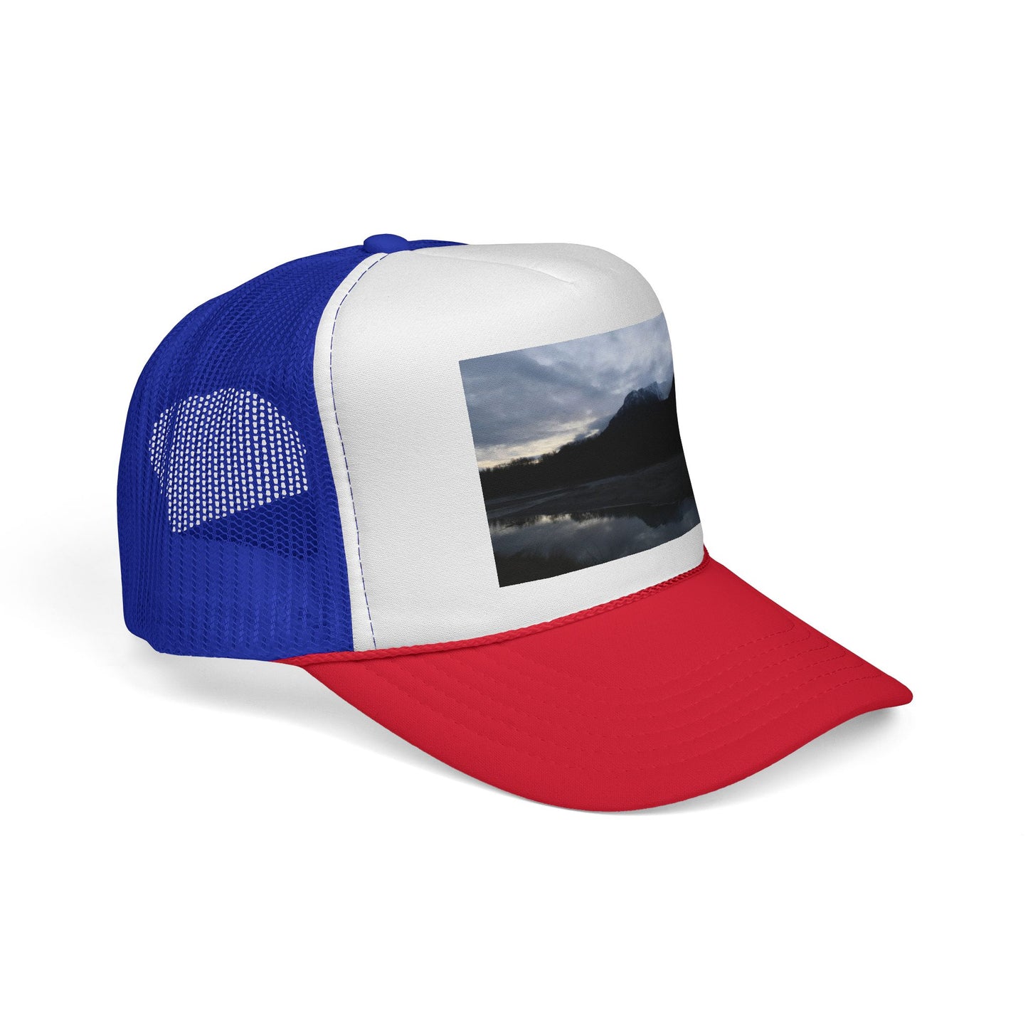 Mountain Lake Trucker Cap — Scenic Nature Photo Mesh Hat