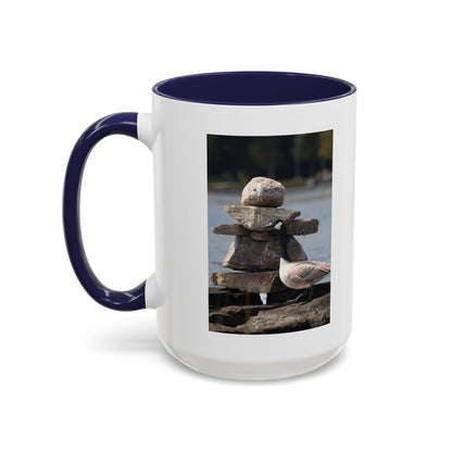 Seaside Rock Cairn Accent Coffee Mug — Coastal Bird & Stacked Stones Photo (11/15oz)