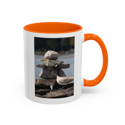 Seaside Rock Cairn Accent Coffee Mug — Coastal Bird & Stacked Stones Photo (11/15oz)