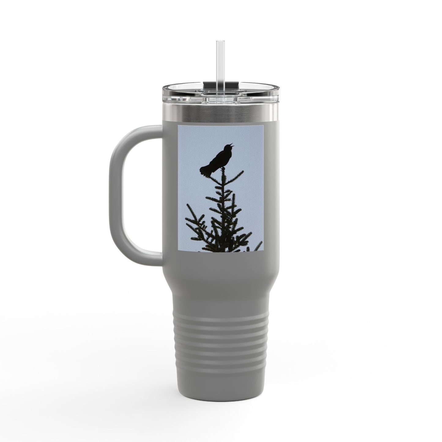 40oz Insulated Travel Mug — Raven Silhouette on Pine (Outdoor Nature Tumbler)