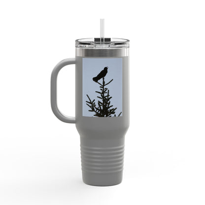 40oz Insulated Travel Mug — Raven Silhouette on Pine (Outdoor Nature Tumbler)