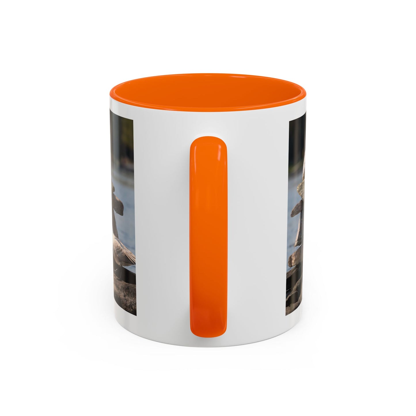 Seaside Rock Cairn Accent Coffee Mug — Coastal Bird & Stacked Stones Photo (11/15oz)